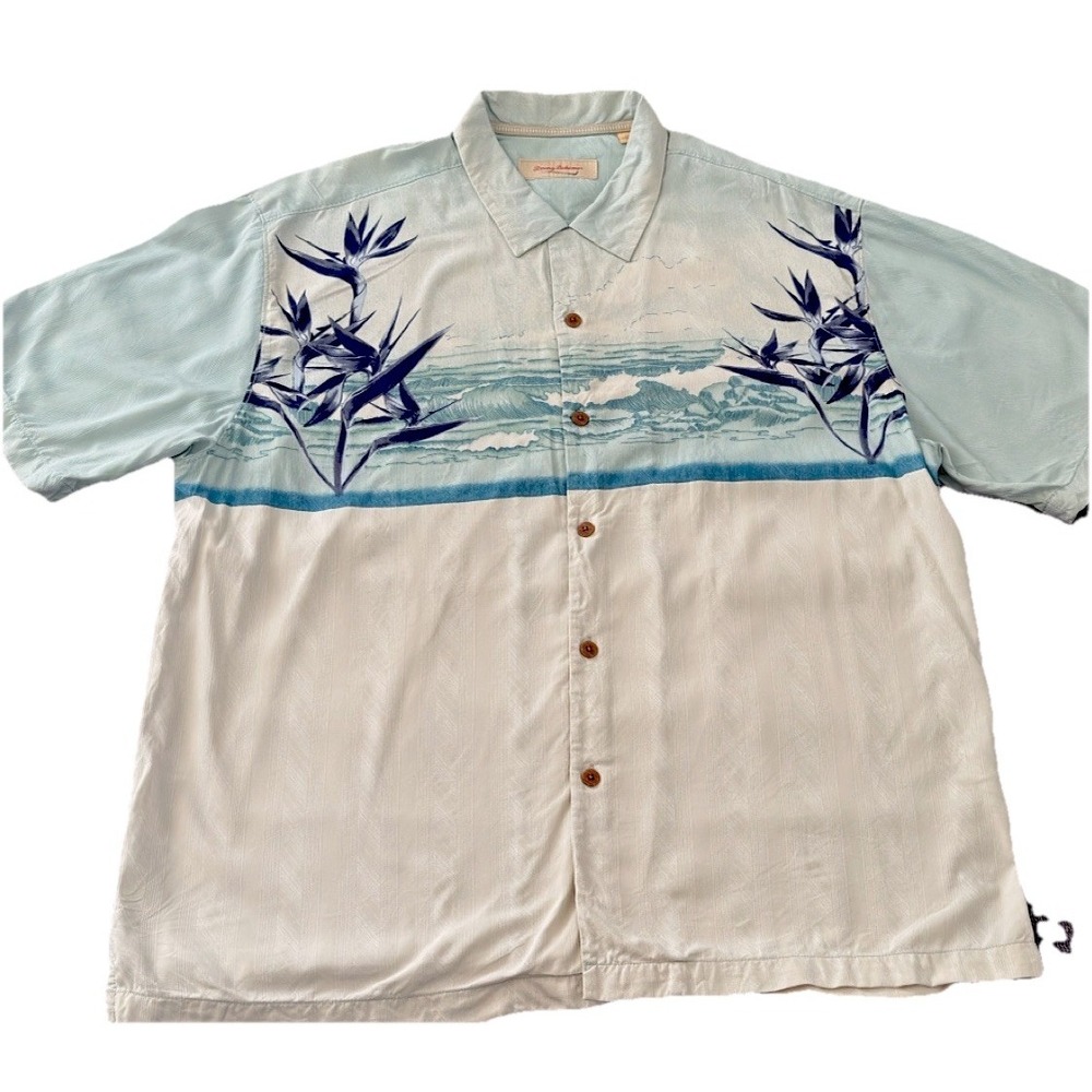 Vintage Tommy‎ Bahama SILK Shirt Men XL Floral Hawaiian Island Surf Waves Beach